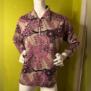 No label Pink Floral Patterned Collared Quarter-Zip Sweater